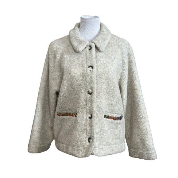 Orvis Teddy Bear Sherpa Tapestry Trim Cream Shacket Jacket Womens L Large - Picture 2 of 14